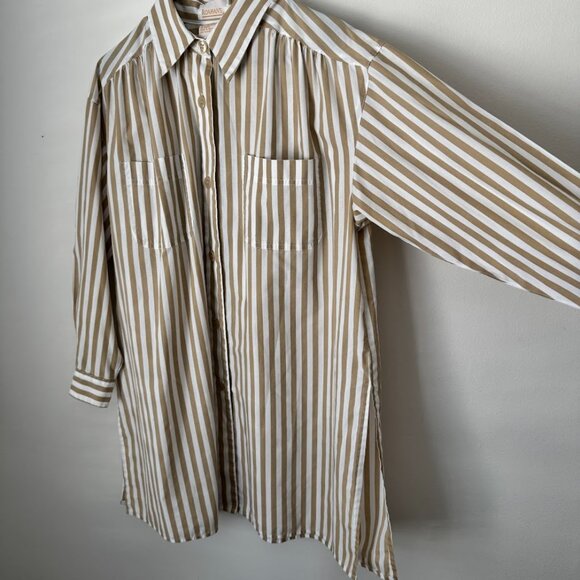 Vintage Tan and White Stripe Button Down Shirt Dress - Picture 3 of 8